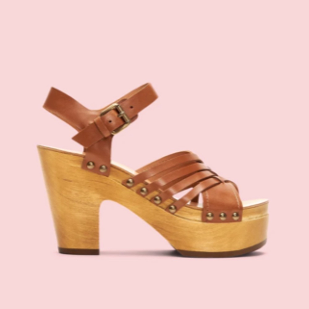 FRYE & CO GRETA PLATFORM WOOD AND WOVEN LEATHER CLOG SANDAL LIKE NEW